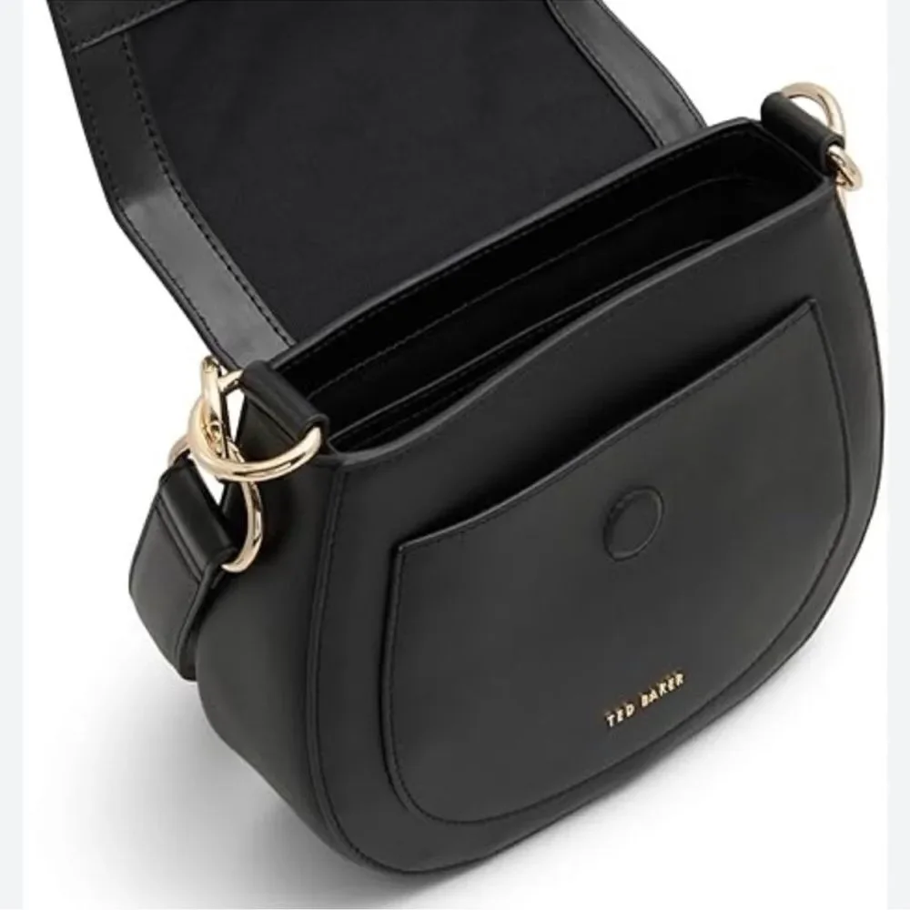 Ted Baker Darcell Black Faux Leather Gold Tone Logo Textured Grosgrain Strap Bag